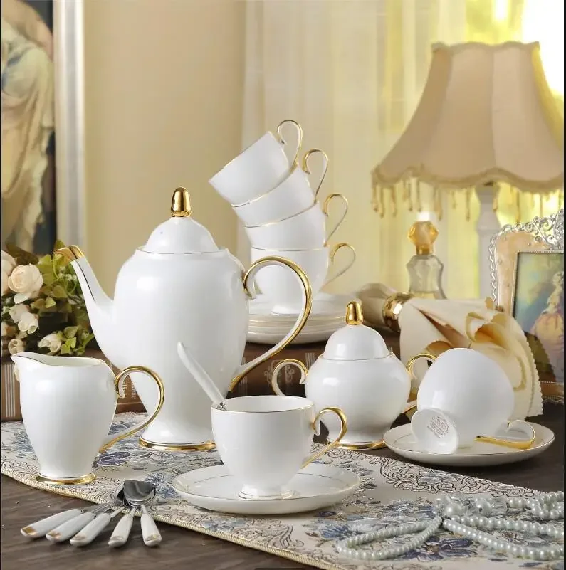 

China Coffee Set White Gold Porcelain Tea Set Advanced Pot Cup Ceramic Mug Sugar Bowl Creamer Teapot Milk Jug Teaset