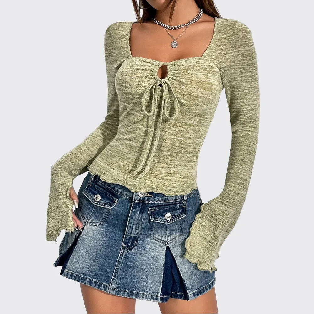 Korean Style Sweetheart Neck Trumpet Sleeve Hollow Slim Flare Sleeve T-shirt Sexy Fashion Green Knit Streetwear Square Neck Top