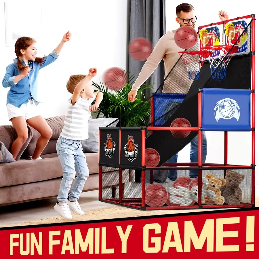 في 1 لعبة أركيد كرة السلة المزدوجة في الأماكن المغلقة والخارجية مع تسجيل LED وصوت، لعبة اللعب الرياضية تتضمن 6 كرات أمبير تعليمات
