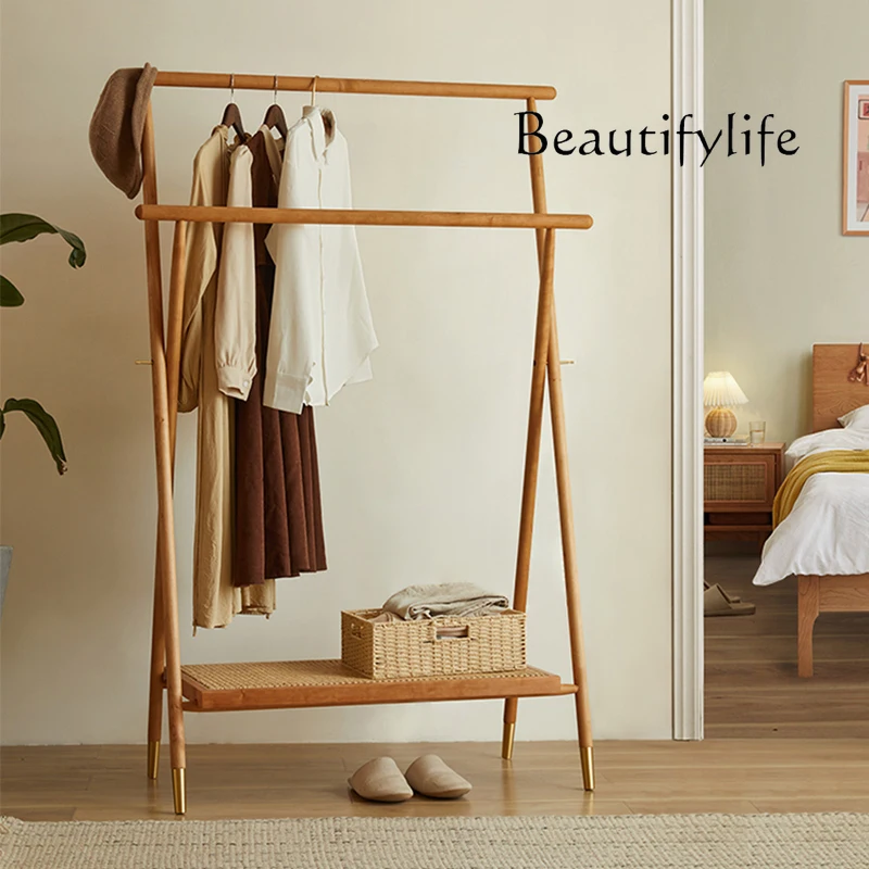 Hanging clothes floor coat rack drying rack foldable retro solid wood cherry wood movable bedroom bed