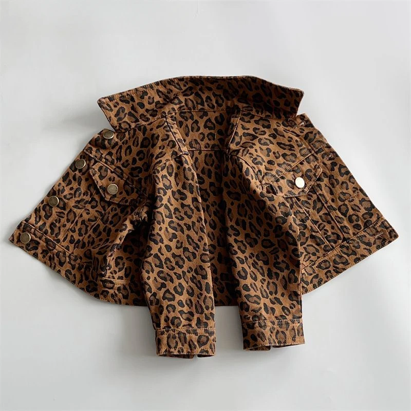 3-12Y Outerwear Coat Childrens Clothing Boy Girl Leopard Print Loose Denim Tops Turn Down Collar Fashion Japanese Jacket  789