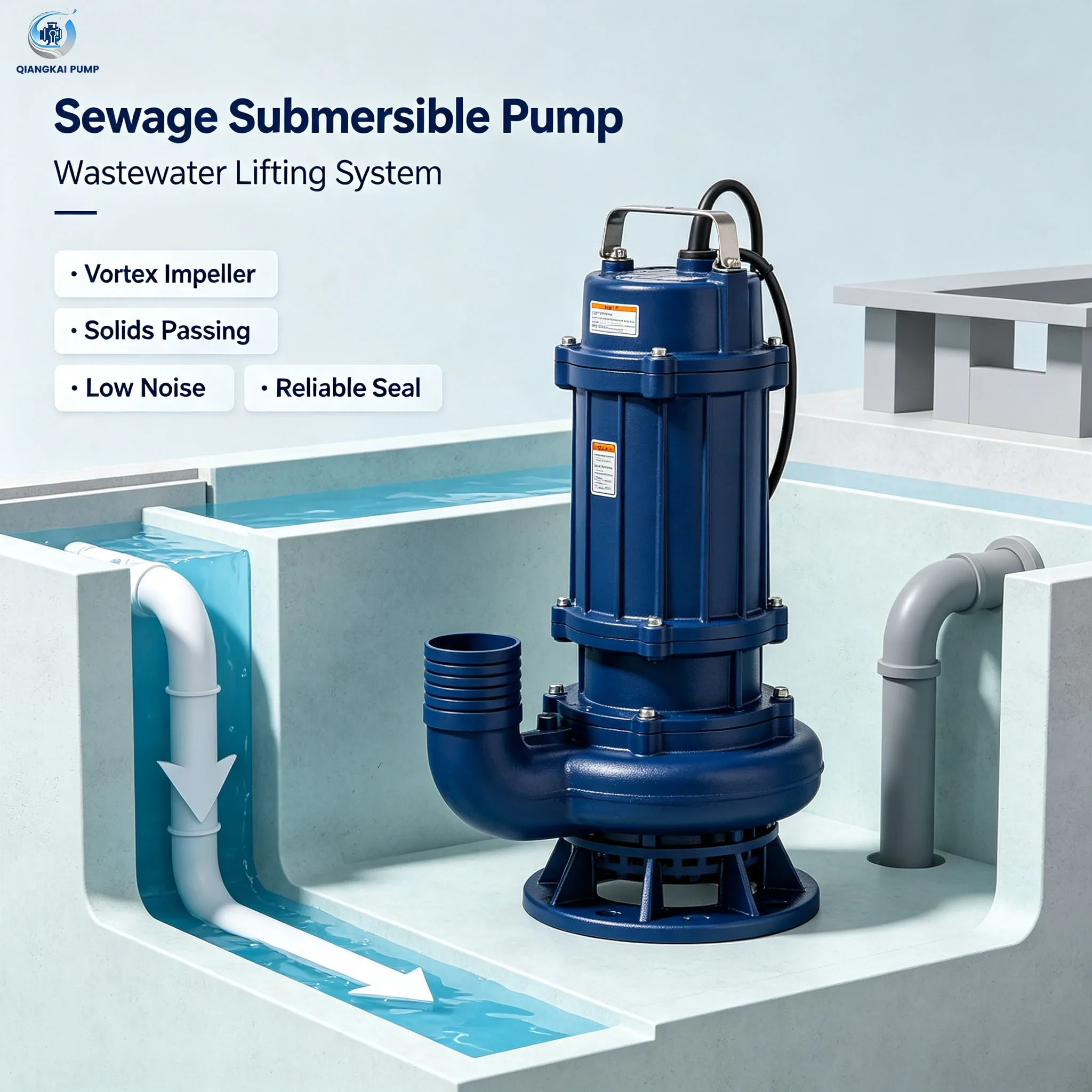 Reliable Seal Submersible Sewage Pump,Vortex Impeller Structure Low Noise Wastewater Lifting Pump For Municipal Sewage Treatment