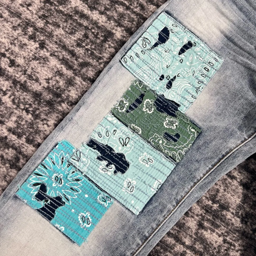 men random paisley patches distressed lt blue jeans