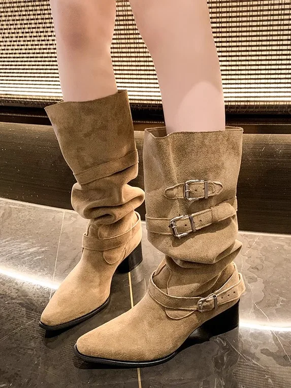 

Длинные плиссированные сапоги в стиле ретро, женские высокие сапоги выше колена для похудения, рыцарские сапоги в стиле вестерн, модный осенне-весенний сезон