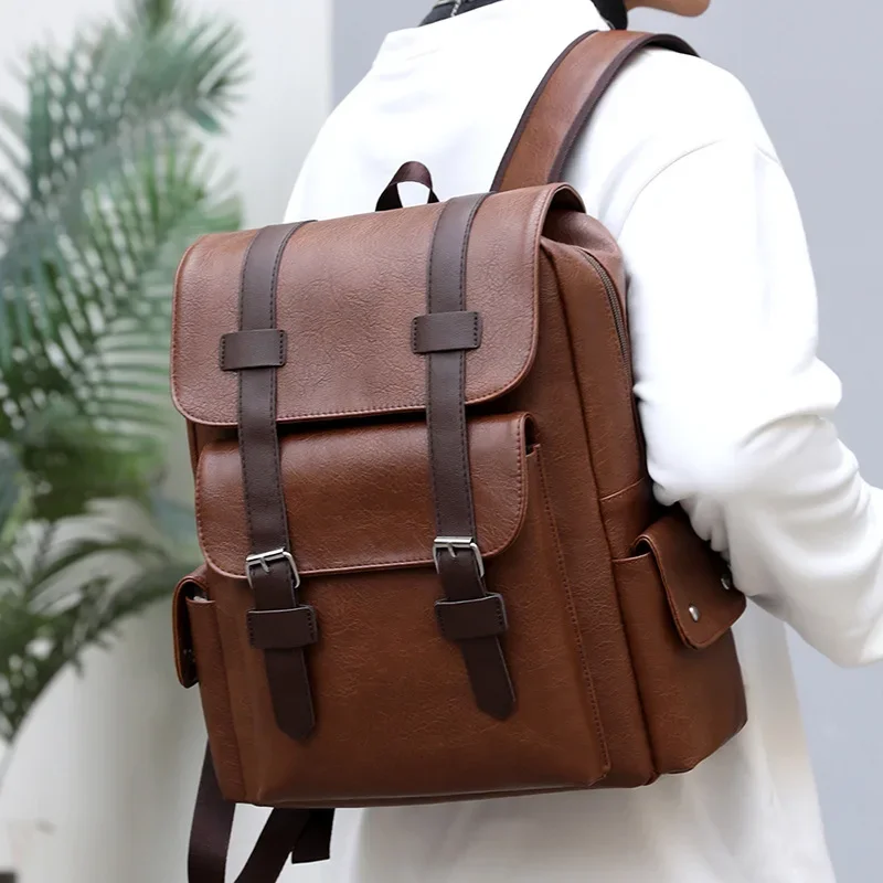 Leather Shoulder Backpack Waterproof Men Retro Large Capacity Casual Business Laptop Bags for Students Schoolbag Travel Fashion