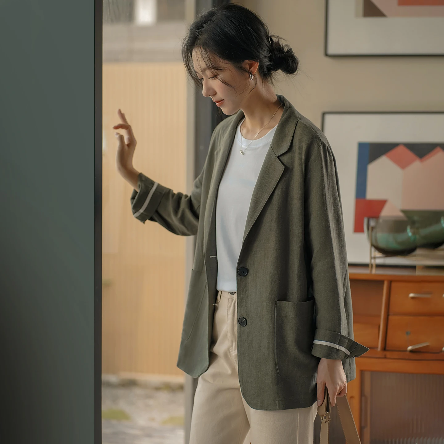 

Korean Sle Loose Fit Long Sve Cotton Linen Suit Jaet Ele Spring New Arrival Women's Faion Outerwear Coat