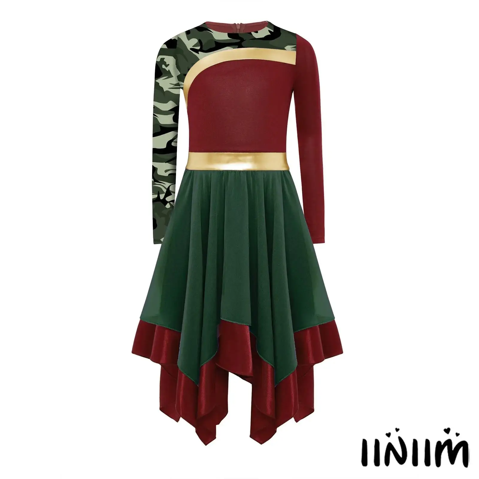 

Kids Girls Contemporary Praise Dance Dress Long Sleeve Printed Color Block Irregular Hem Worship Robe Dress Lyrical Ballet Dress