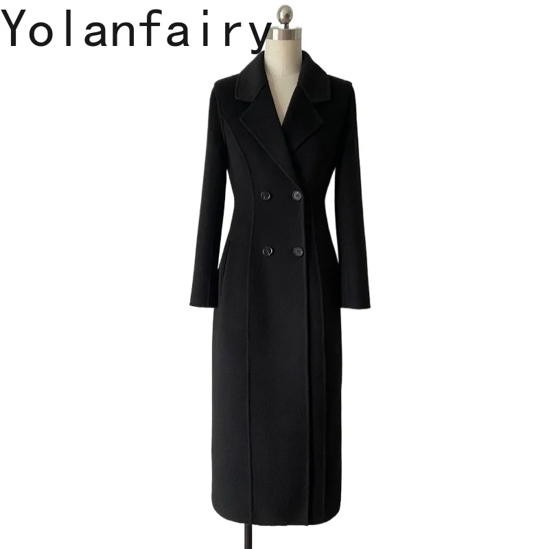 YOLANFAIRY High Quality Cashmere Coat Women Fall Winter Luxury Wool Coats Woman Slim-fit Waisted Woolen Jacket Long manteau
