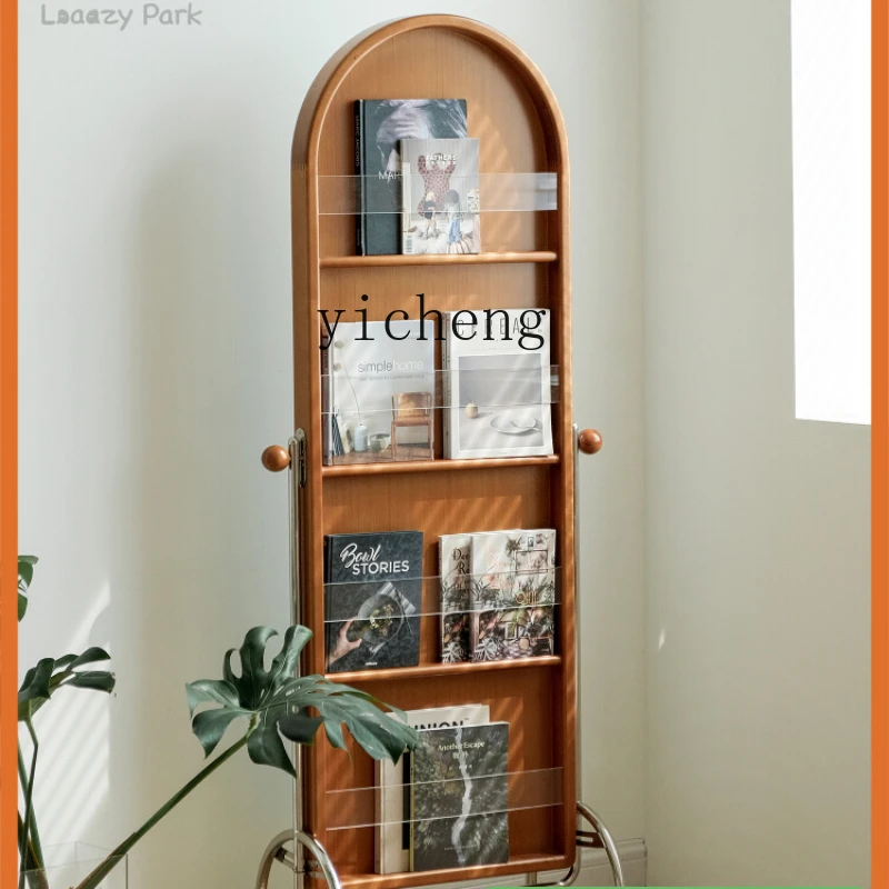 Movable Magazine Rack Mirror Display Rack Vintage Bookshelf Storage Picture Book Rack