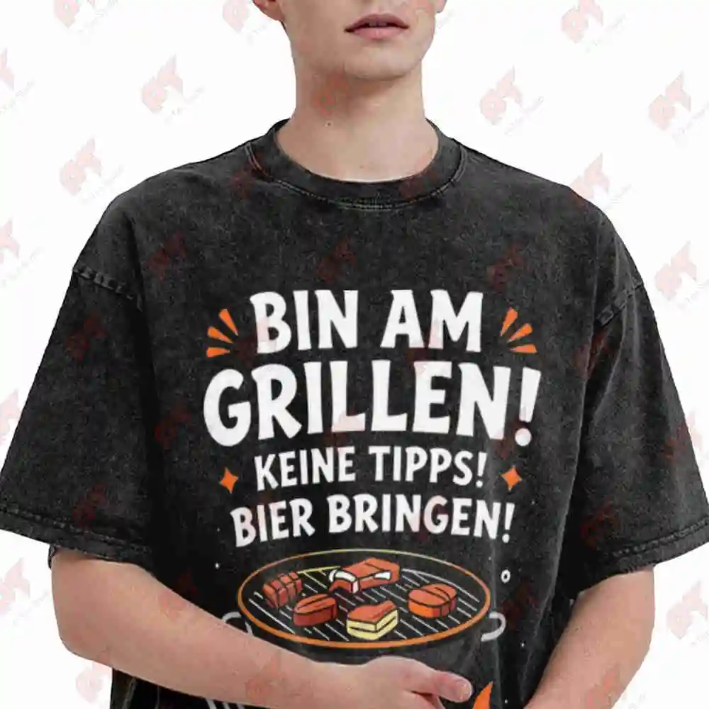 BBQ Dad German Beer Grill Sayings Backyard Barbecues Outdoor Cooking Vintage Washed Tee Pure Cotton T-Shirt