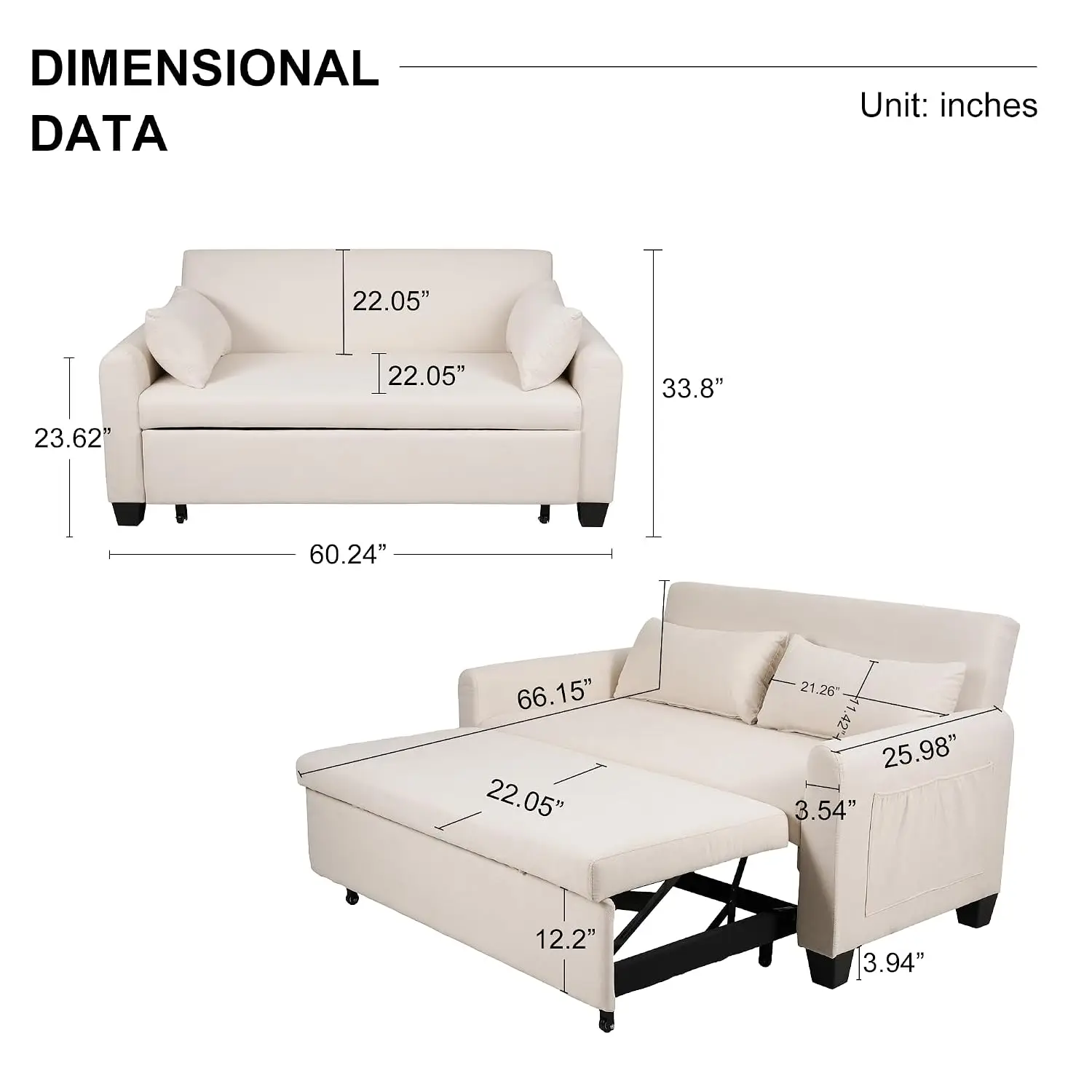60.24in Pull Out Sofa Bed 3 in 1 Loveseat Sleeper with 2 Pillows Side Pocket for Living Room Bedroom, Customized