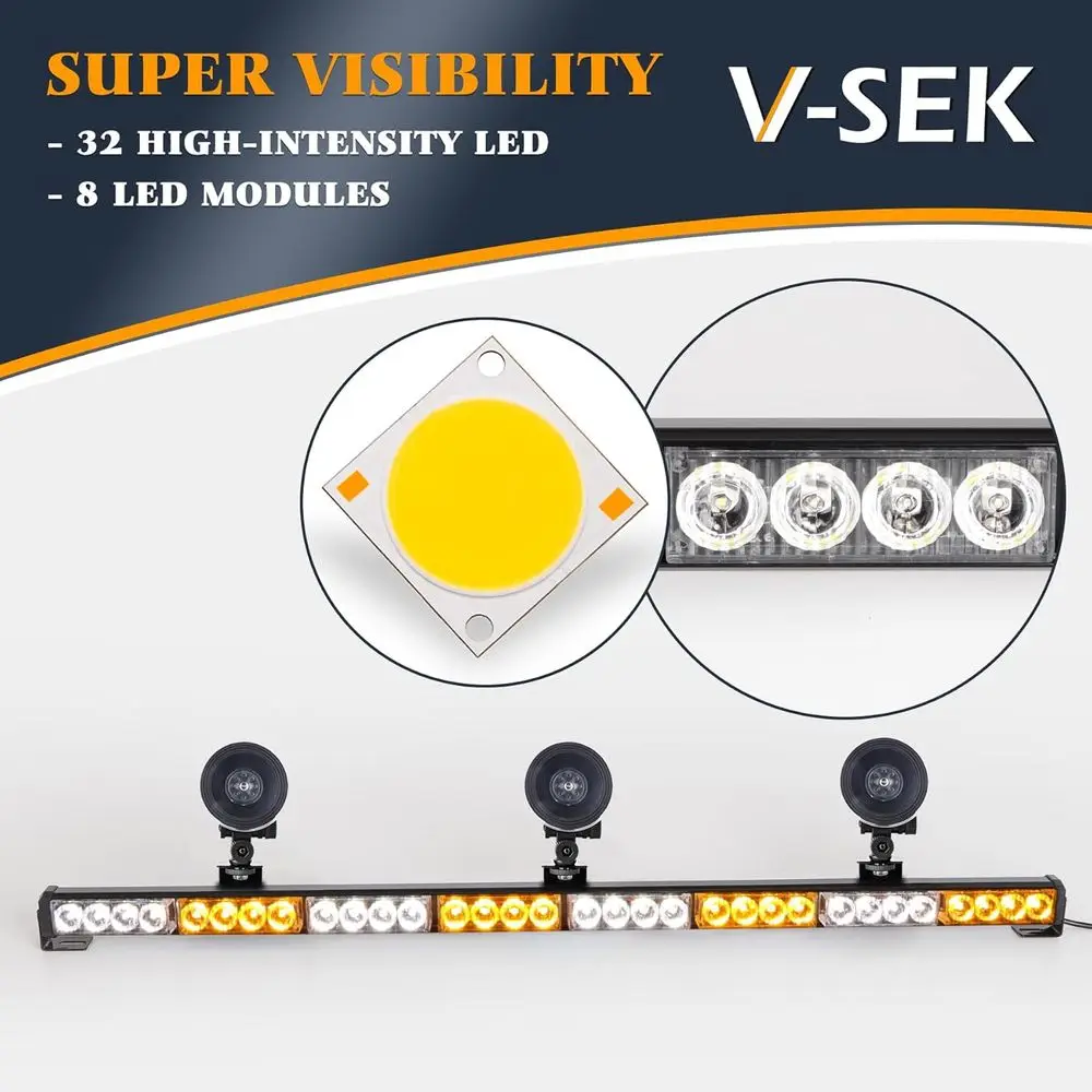 Barra luminosa stroboscopica per avviso traffico 35,5 con 32 LED, 13 modelli flash, ambra/bianco, supporto a ventosa