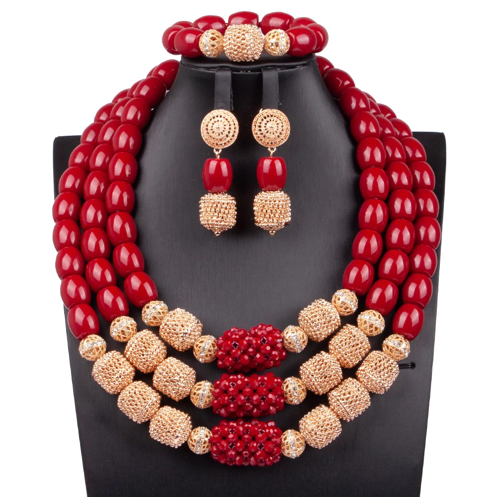 Generous Dubai Gold Costume African Jewelry Sets New Design 3 Layers Orange Artificial Coral Beads Jewelry Set ABG139