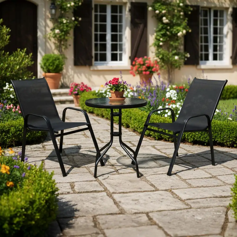 

Foldable 3 Piece Patio Bistro Set Outdoor Dining Furniture Round Glass Tabletop 2 Chairs Set for Porch Garden Pool Yard