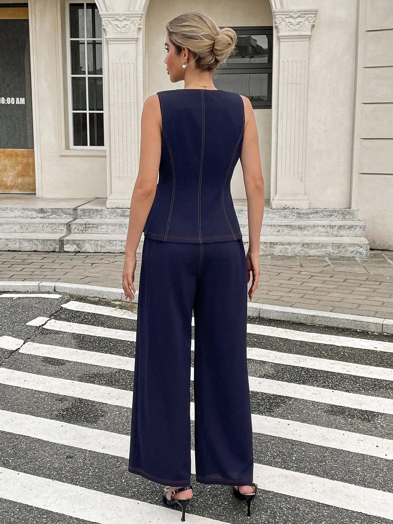

Navy Blue Sleeveless Single-Breasted Vest And Wide-Leg Pants Two Piece Set