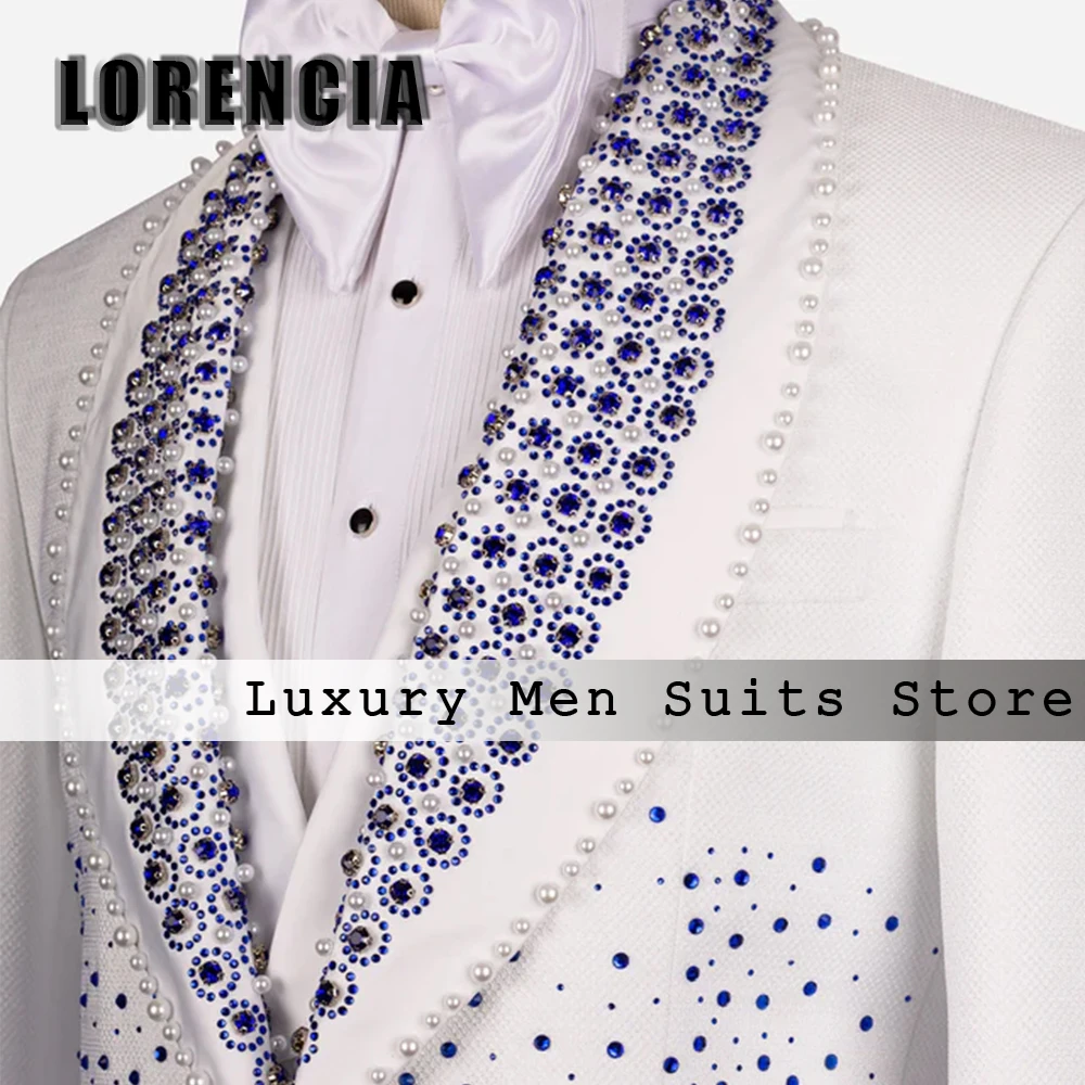 Stunning Crystals Beaded Men Suits Glitter Shawl Lapel Groom Tuxedos 3 Pieces Sets Male Prom Customized Blazers Slim Wedding