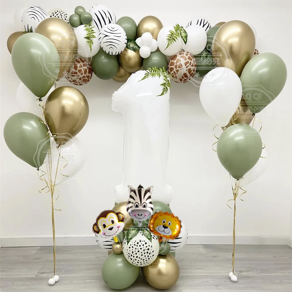 21/52pcs Jungle Animal Number Balloon Set Retro Avocado Green Metallic Gold Latex Balloon 1 Year Old Birthday Baby Shower Decora