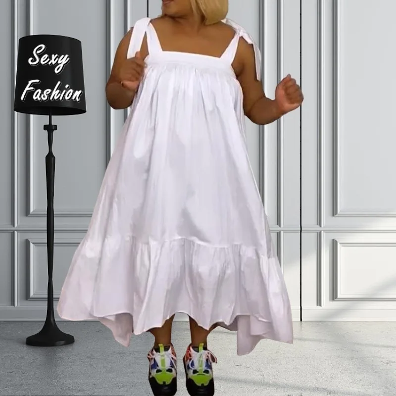 

2XL-5XL 2023 Fashion African Women Clothing Plus Size Dresses Summer Halter Bandage Sleeveless Ruffles Loose Casual Long Dress