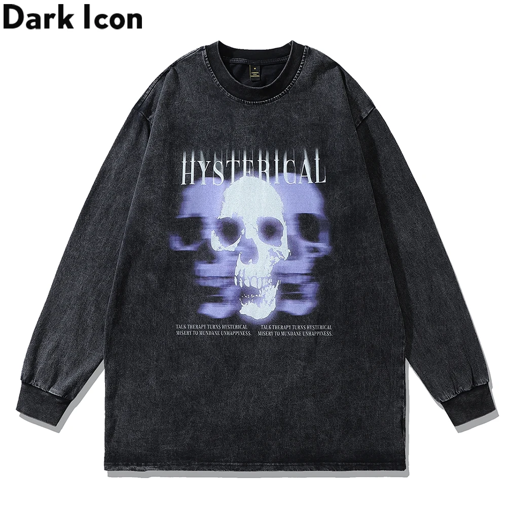 

Dark Icon Skeleton Washed Cotton Tshirts for Men Autumn Long Sleeved Tee Shirts Man