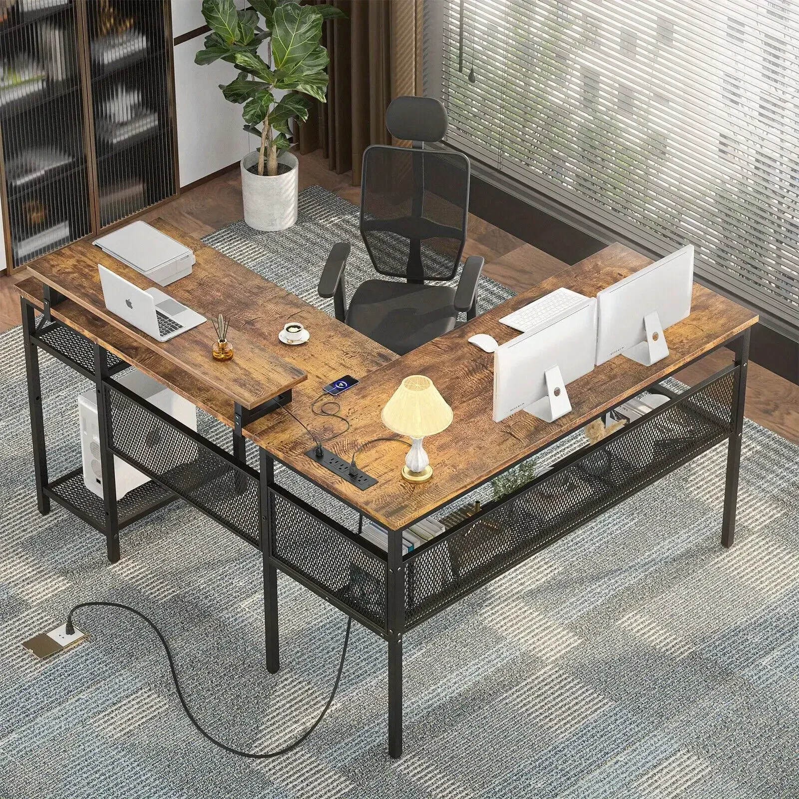 Computer Desk with Lighting in More Than 60, 000 Colors, Unique Grid Back Plate and Grid Bookshelves