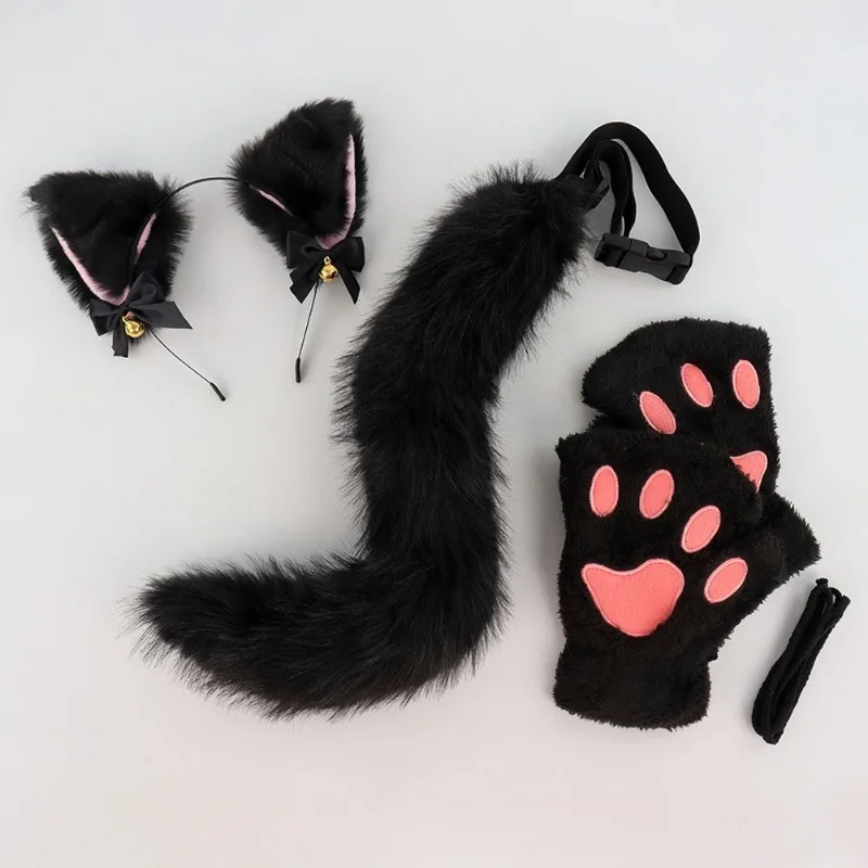 ZOETOPKID 3Pcs Halloween Cats Ear Tail Paw Dress Up Costume Set Animal Costume Accessories Halloween Role Play Suit