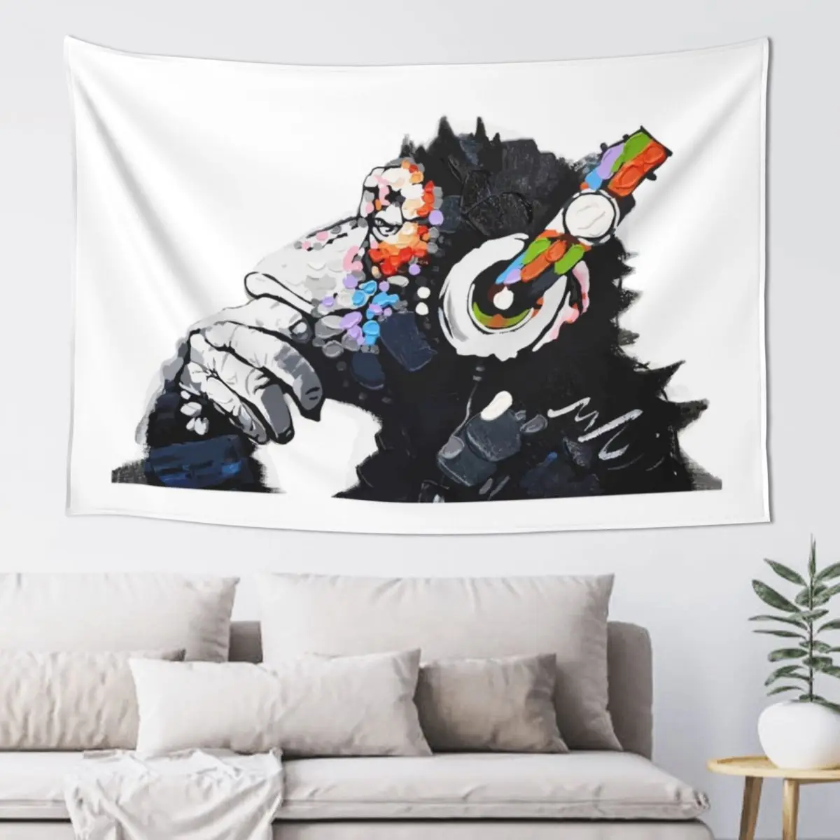 Banksy DJ Monkey Thinker with Headphones White Tapestry Aesthetic Room Decoration Room Decor Cute Tapestry