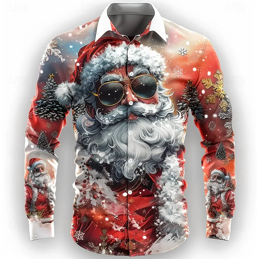 Ice and Snow Man Christmas Shirt Long Sleeve High end Men\'s Shirt Fashionable Daily Street 3D Printing Cool Hot Selling Santa Cl