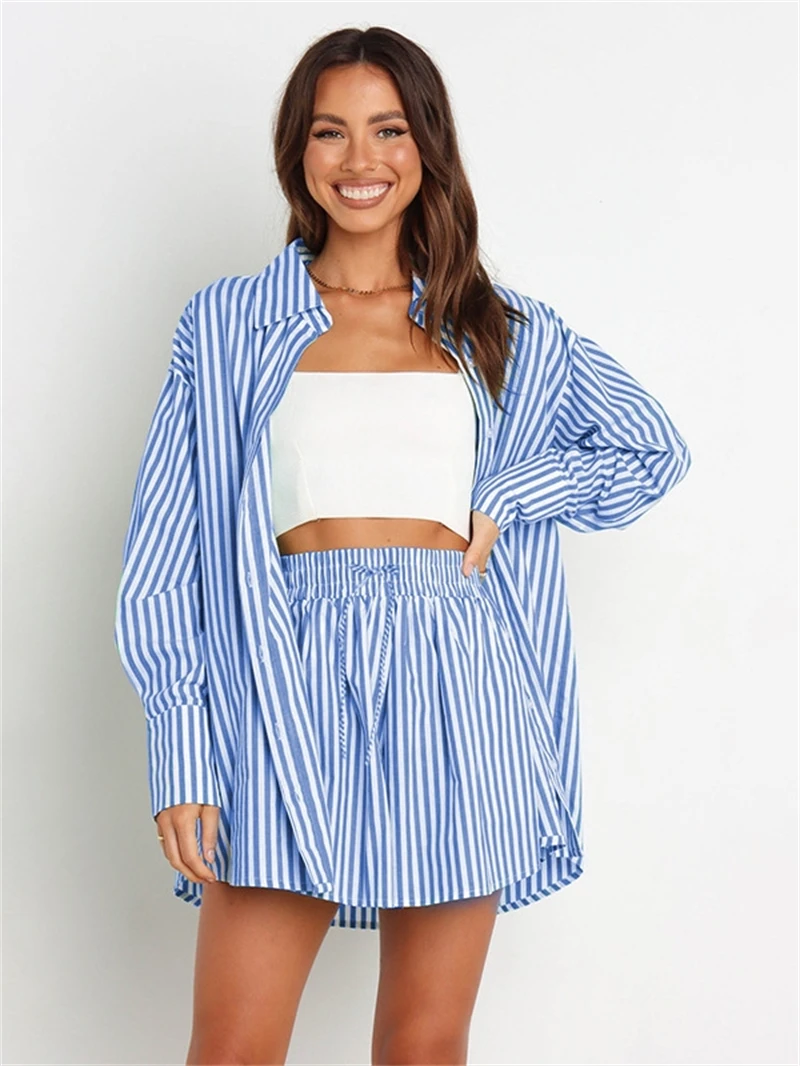 

Fashion Striped Tracksuit Women Two Piece Set Summer Clothing Full Sleeve Shirt Top Short Sets Casual 2 Piece Sets Women Outfits