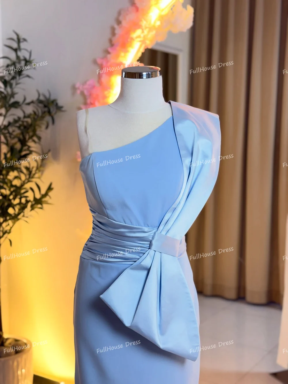 Personalizado maça nupcial um ombro cetim plissado bainha sexy sem costas vestido de noite arco chá comprimento vestido de festa de aniversário