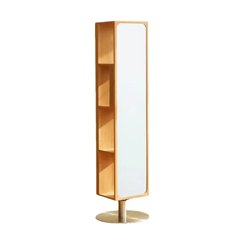Japanese Cherry Wood Rotating Full Length Mirror Cabinet Floor to Ceiling Corner Storage Shelf for Magazine Organization
