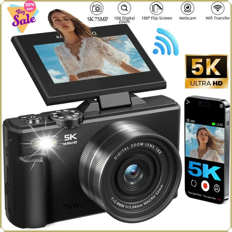 75MP Digitalkamera 180 °   Flip-Screen für Fotografie, 5K, 18-facher digitaler Zoom, Vintage-Vlog-Videorecorder für YouTube, Selfie, WiFi