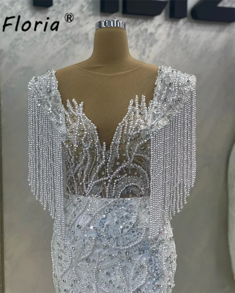 Elegante Volledige Kralenparels Zeemeermin Avondjurk Witte Kwastjes Vloerlengte Cap Mouw Prom Jurk Bling Lovertje Robe De Soiree