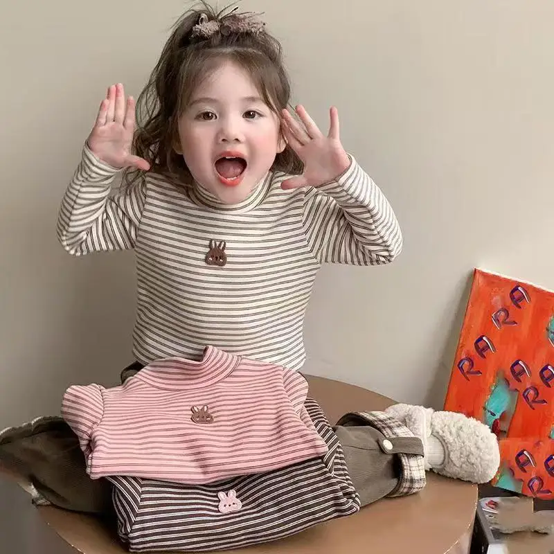 

2025 Autumn/Winter New Cute Girls' Thick Warm Bottoming Shirt With Velvet Children's Striped High Neck Winter Inner Wear