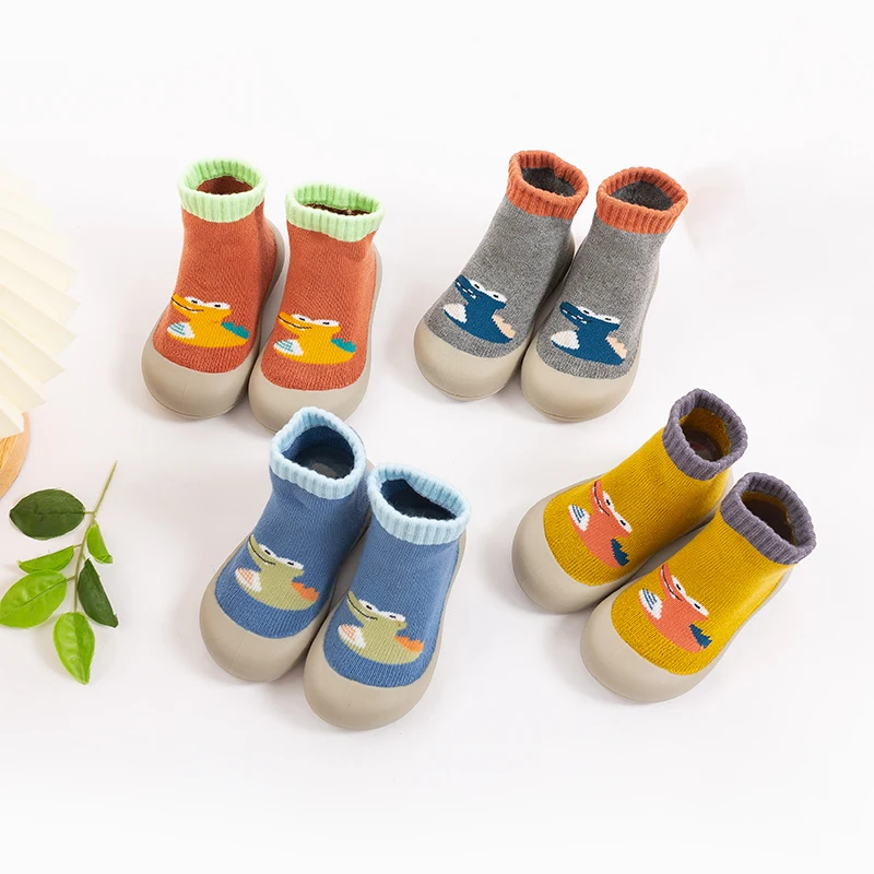 New Autumn Winter Baby Thick Terry Socks Shoes Toddler Boys Girls Soft Rubber Non-Slip First Walker Cartoon Dinasour Floor Shoes