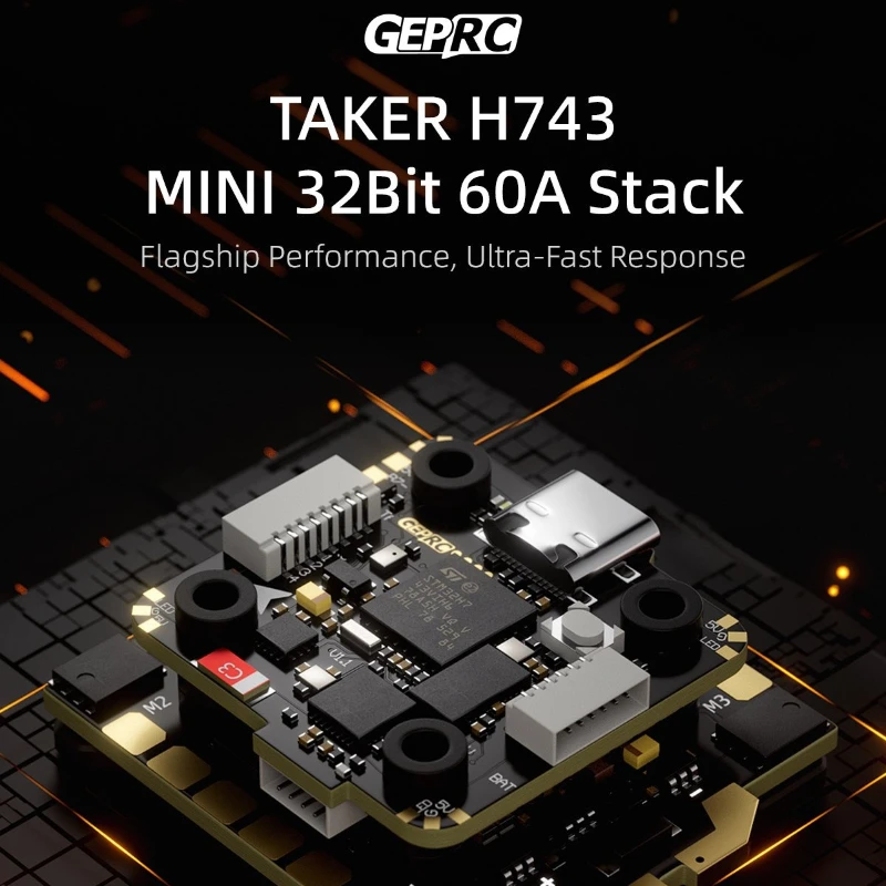 GEPRC TAKER H743 MINI 32Bit 60A STACK, Dual BEC 5V3A/12V2.5A, 16M Blackbox Built-in Barometer & Bluetooth