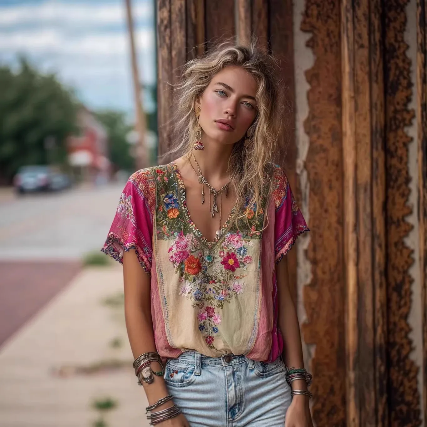 Retro Bohemian Soft Gauze Shirt With Floral Patchwork Printed Ethnic Style Women's V-neck T-shirt