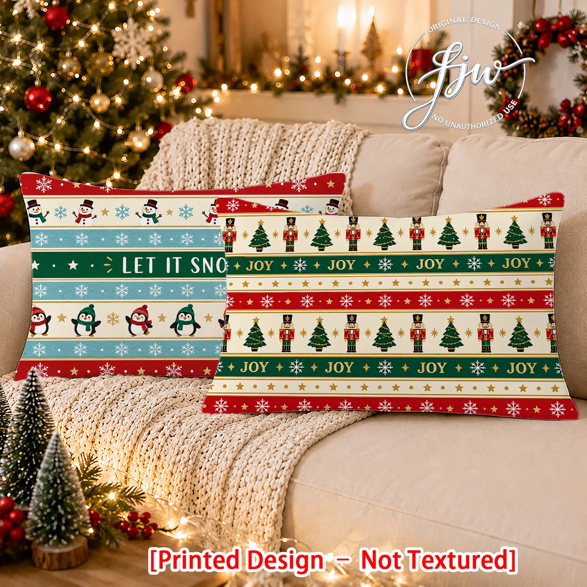2pc Christmas Set of 2 Lumbar Throw Pillow Covers, Nutcracker Snowman Penguin Holiday Decorative Pillowcases for Home Sofa Couch