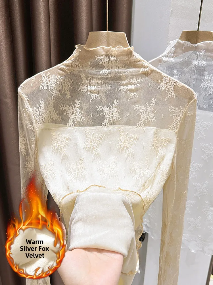 

Ele Floral Lace Thiened f High Collar Base irt Women's Autumn Winter Warm Inner Wear Sexy Top French Sle Slim Fit