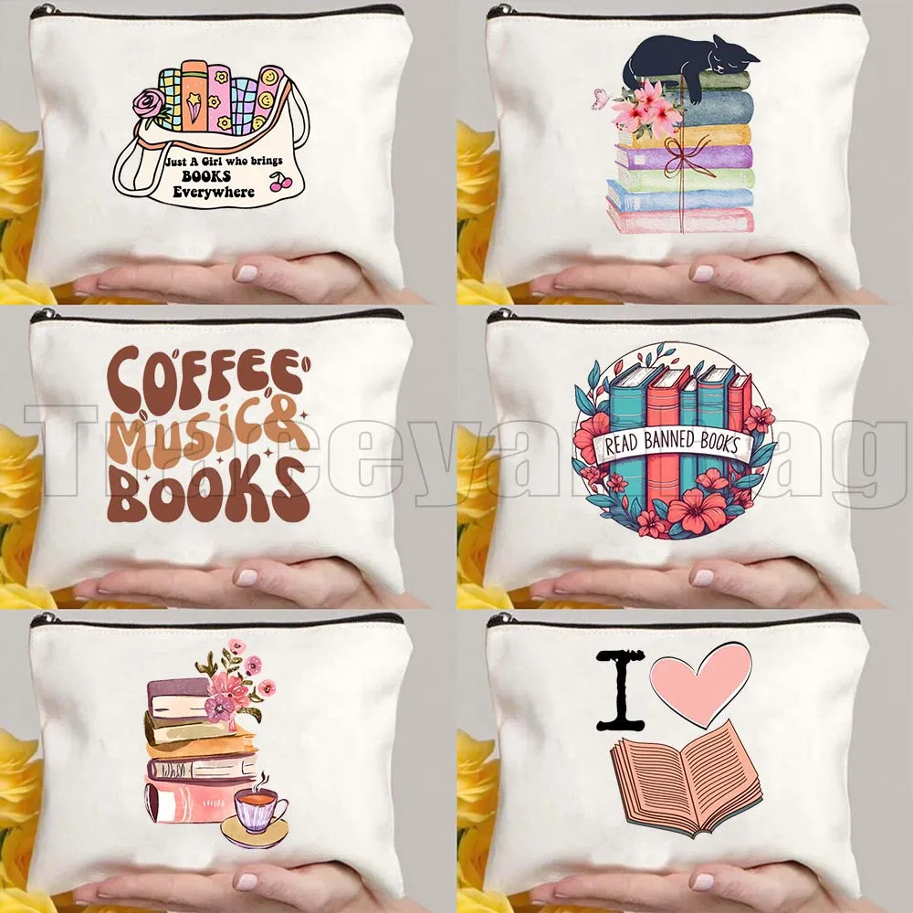 

Эстетичный пенал-косметичка с цветочным принтом и цитатами о чтении, в виде стопки книг, с кофе, цветами и сердцами, подарок для девушки