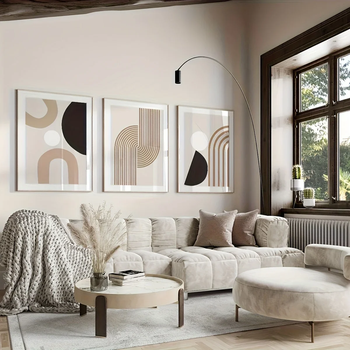 3 piezas de pintura lineal abstracta minimalista moderna, mural geométrico beige sin marco, decoración del hogar estilo bohemio,