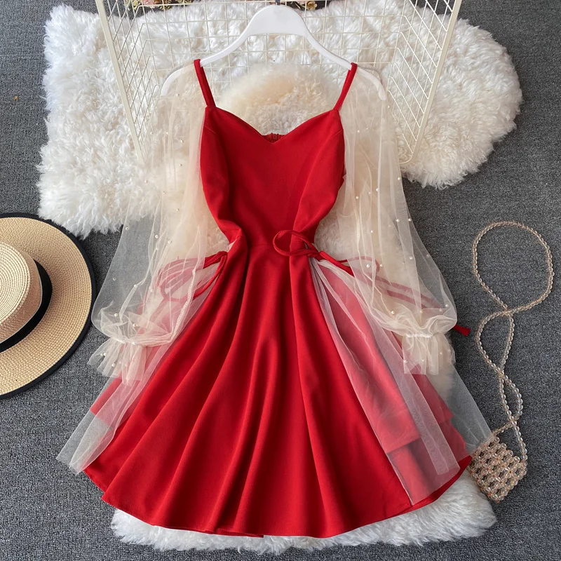 

2024 Summer Bubble Sleeves Sexy V-Neck Mesh Spliced Beaded A-line Beach Dresses Long Sleeves High Waist Slim Party Dress