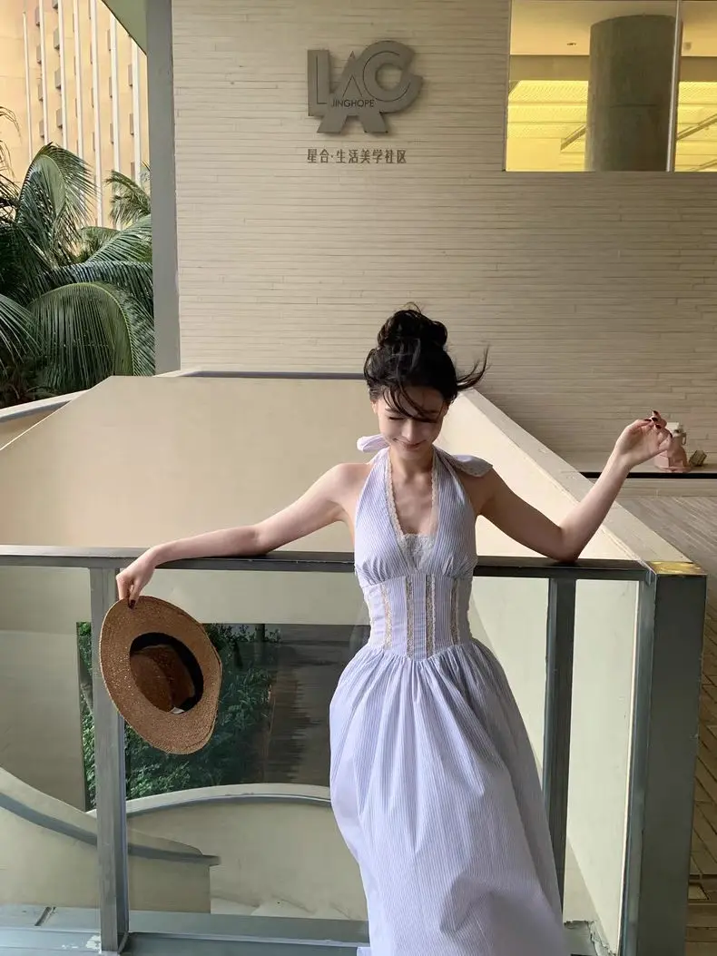 Robe longue à col licou pour femmes, robe moulante découpée en dentelle, robe d'été rayée coupe cintrée, robe de soirée dos nu sexy Y2K, E