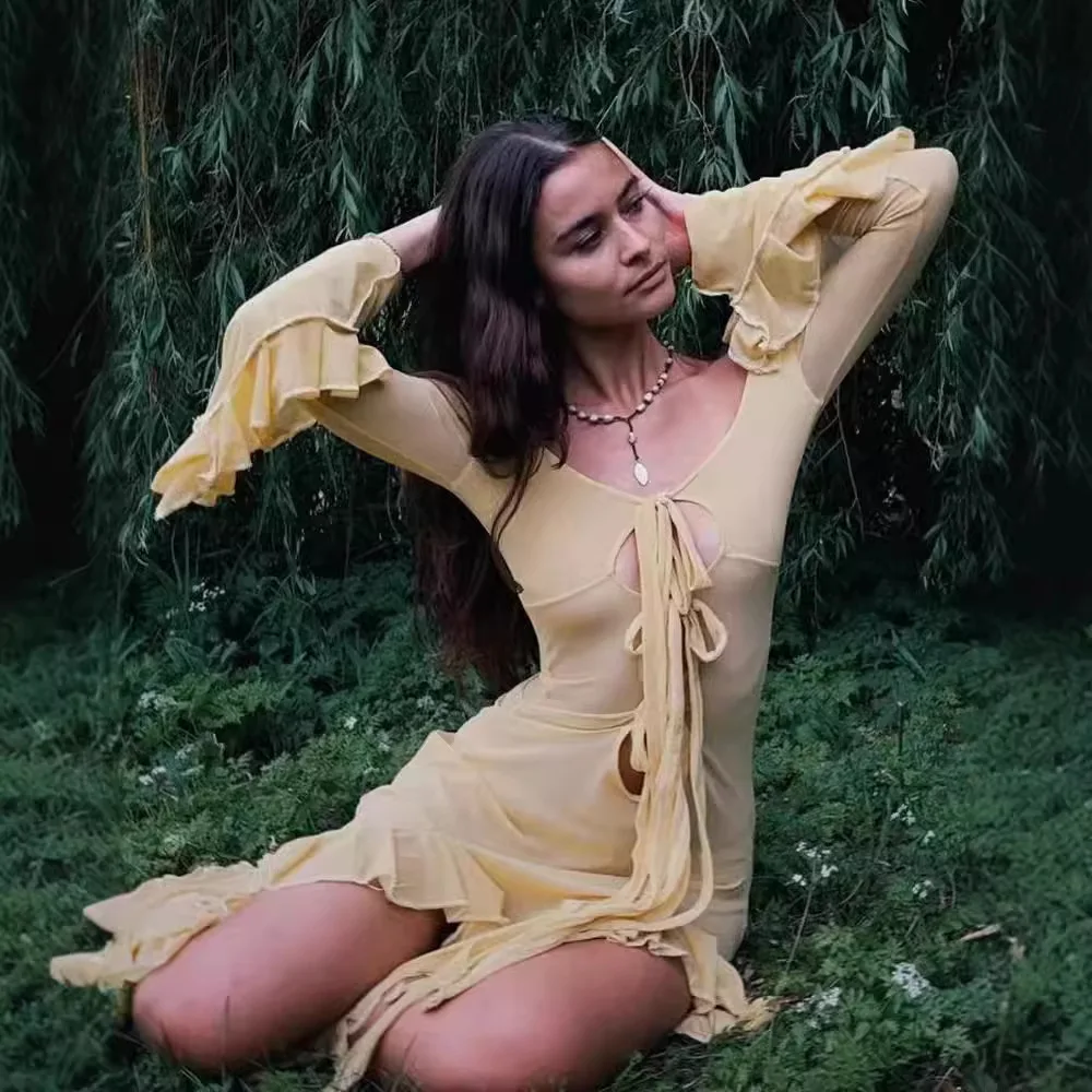 2025 Women's Dress Summer Elegant Long Sleeve Ruffle Tie Solid V Neck Lace Up Slim Slit Holiday Dresses Stree