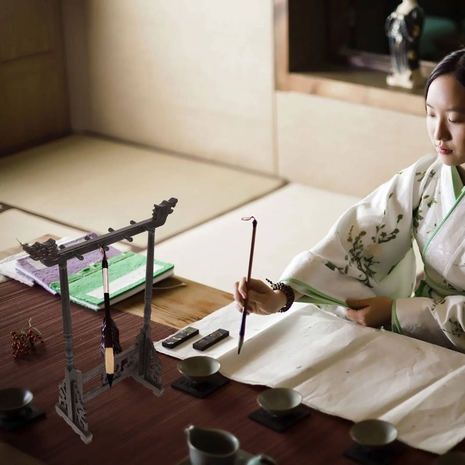 

Wooden Traditional Chinese Brush Holder Calligraphy Pen Stand Desktop Storage Rack Brush Pen Organizer Storage Rack