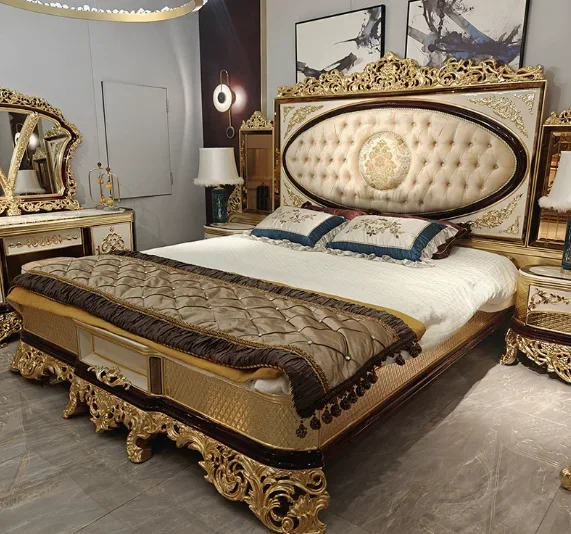 French court style fabric double bed, luxury retro solid wood wedding bed European master bedroom 1.8 meters princess bed