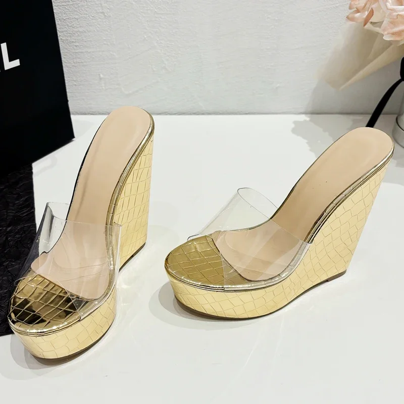 Eilyken 2024 New Summer Design PVC Transparent Platform Wedges Slippers Woman Thick Bottom High Heels Slide Shoes