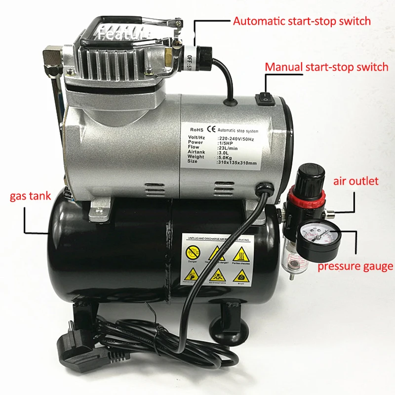 Imagem -03 - Compressor de ar Pequeno Móveis Silenciosos Reparação de Couro Modelo de Manicure Aerógrafo de Colorir Bomba de ar Tc20t