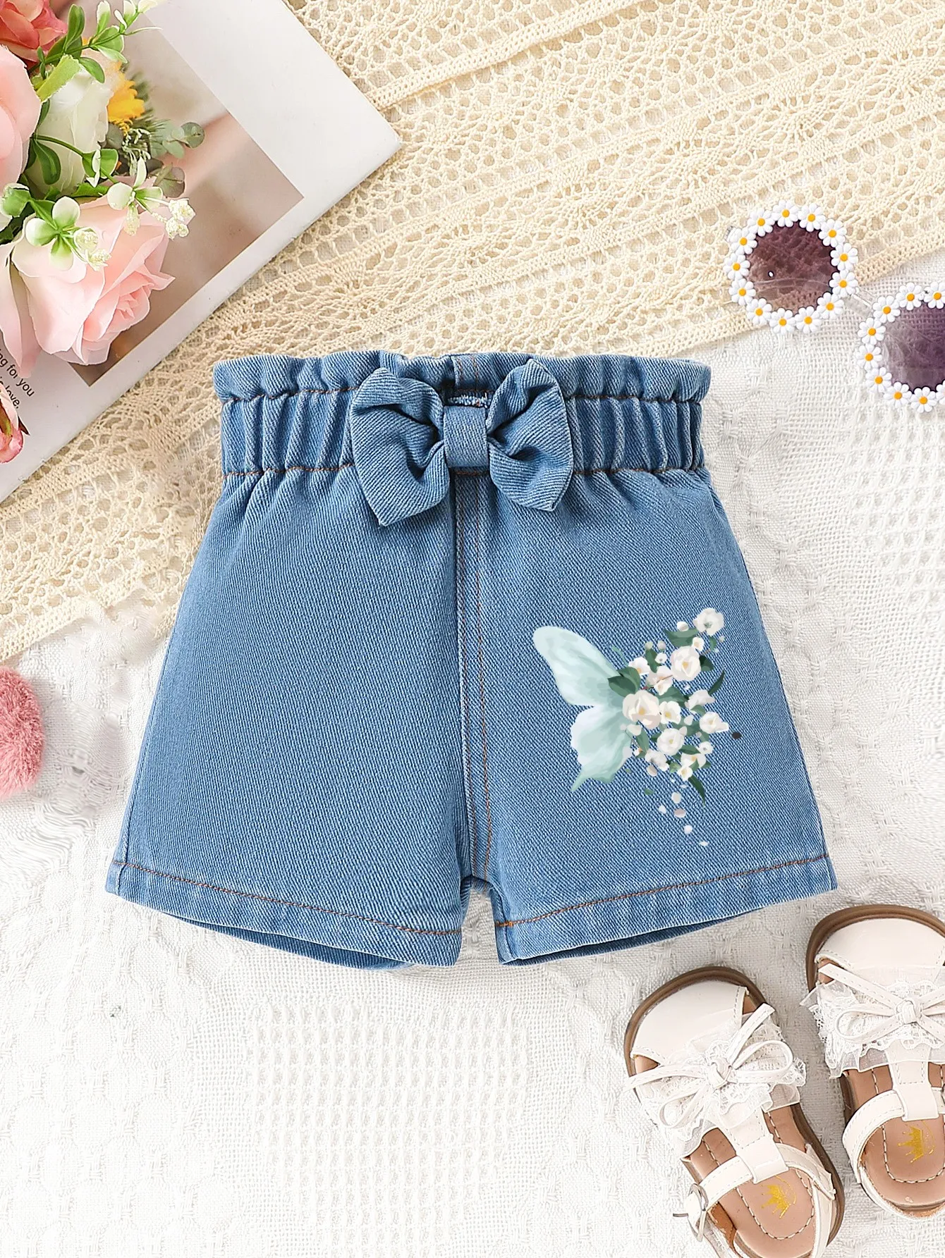 1pc Summer Girls Denim Shorts, Bow Waistband with Random Butterfly Print, Sweet Casual Style, Daily/School Wear, 1-3Y, Breathabl