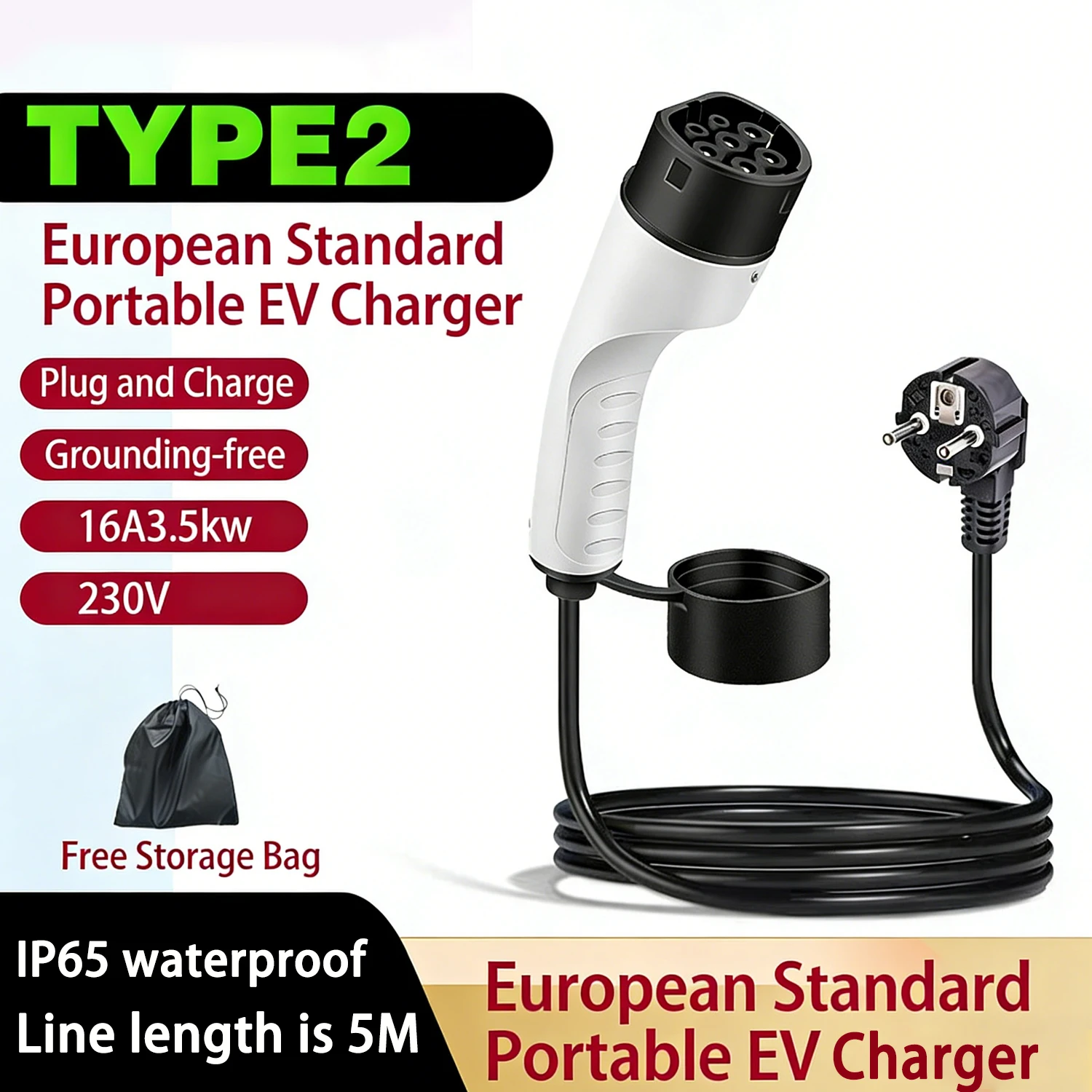 3.5KW 16A Type2 IEC62196 EV Portable Charger 5M Cable EVSE EU Plug Wallbox Adapter For Electric Vehicle