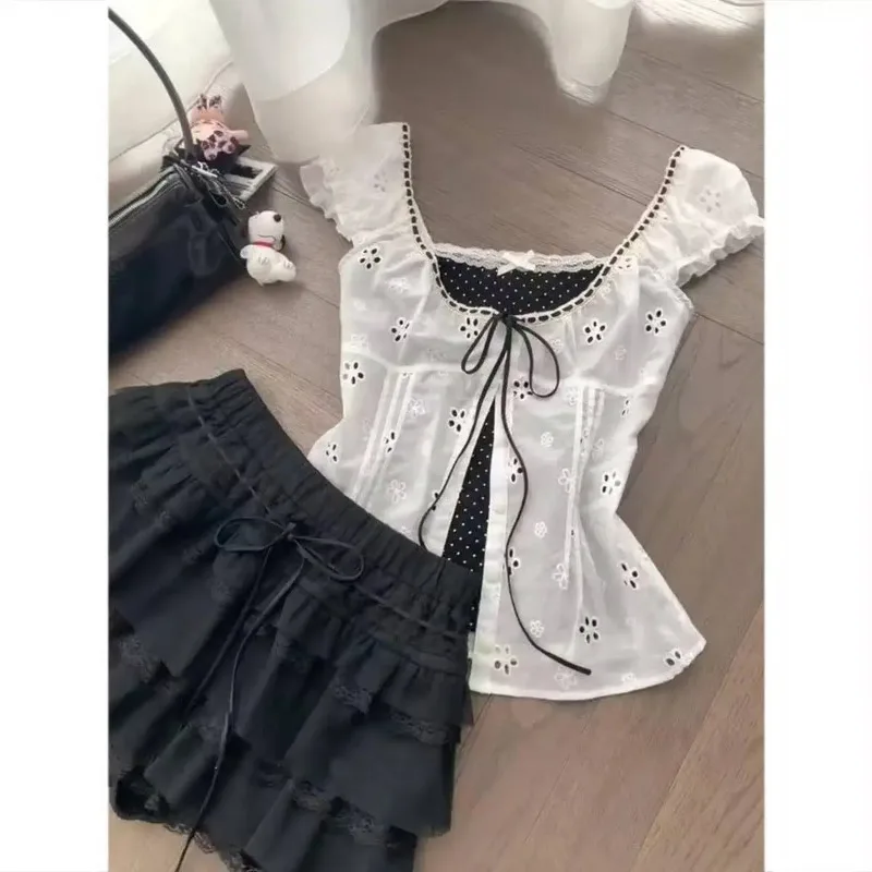 French Vintage Short Sleeve T Shirts Women Y2K Lace Slim Crop Tops Elegant Korean Style 2026 Office Lady Daily Casual Blouse - view 5